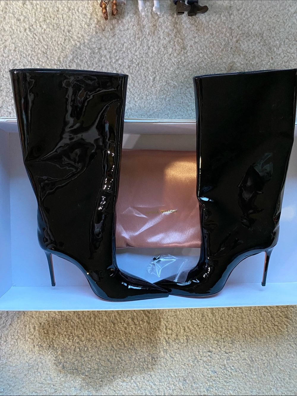 Amina Muaddi black patent leather boots, new, size 37 1/2
